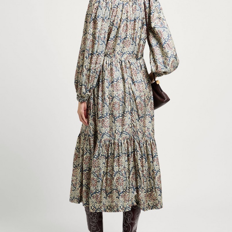 RRP 958 Midi Boho Dress Ivory Floral-Print Flared Cutout Tiered