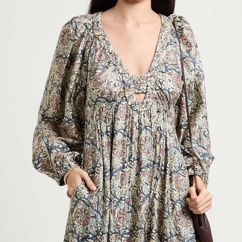 RRP 958 Midi Boho Dress Ivory Floral-Print Flared Cutout Tiered