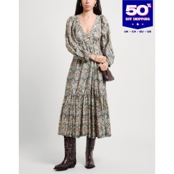 RRP 958 Midi Boho Dress Ivory Floral-Print Flared Cutout Tiered