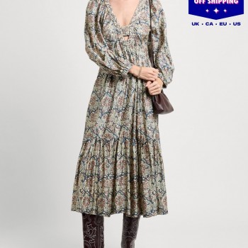 RRP 958 Midi Boho Dress Ivory Floral-Print Flared Cutout Tiered