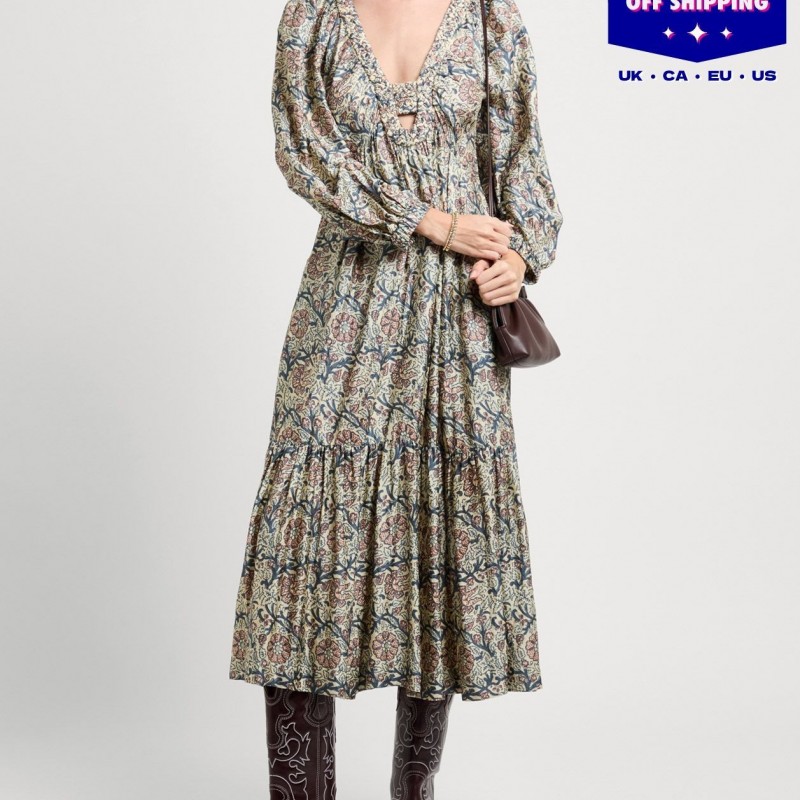 RRP 958 Midi Boho Dress Ivory Floral-Print Flared Cutout Tiered