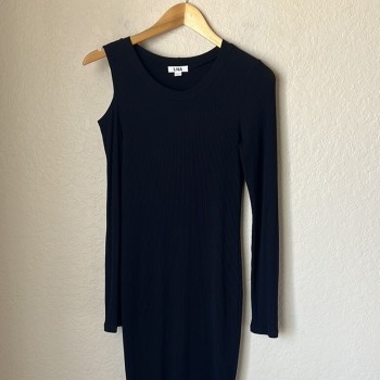 Ribbed Cut Out Shoulder Black Long Sleeve Mini Dress