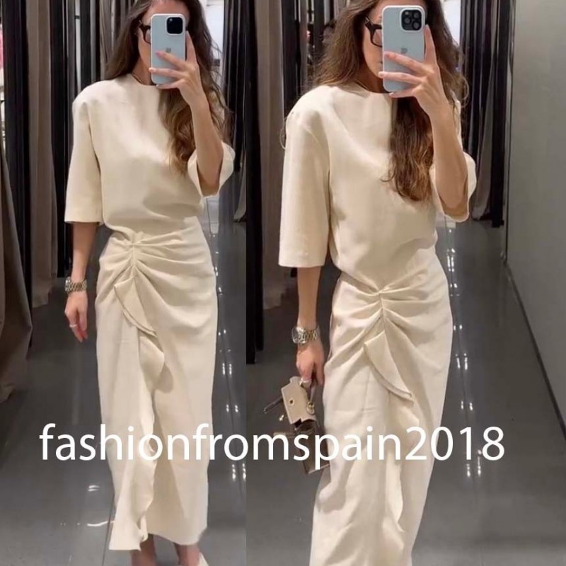 NEW WOMAN ZW COLLECTION DRAPED Midi DRESS MID-ECRU XS-XL 2100/828/715