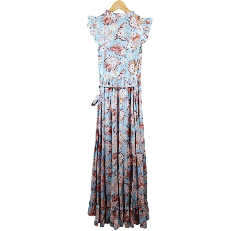 STORIA Tropical Floral Wrap Maxi Dress Ruffled Flutter Sleeve Blue Pink