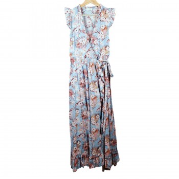 STORIA Tropical Floral Wrap Maxi Dress Ruffled Flutter Sleeve Blue Pink