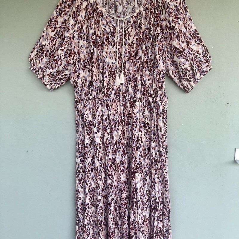 Tiered Midi Dress Womens L Tassel Boho Peasant Cottagecore