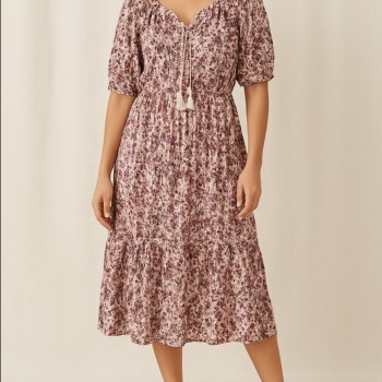 Tiered Midi Dress Womens L Tassel Boho Peasant Cottagecore