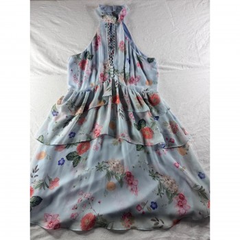 Floral Halter Dress Womens 4 Blue Excellent Tiered Ruffle Mini