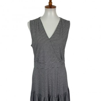 Black White Striped Sleeveless Tiered Midi Dress Medium