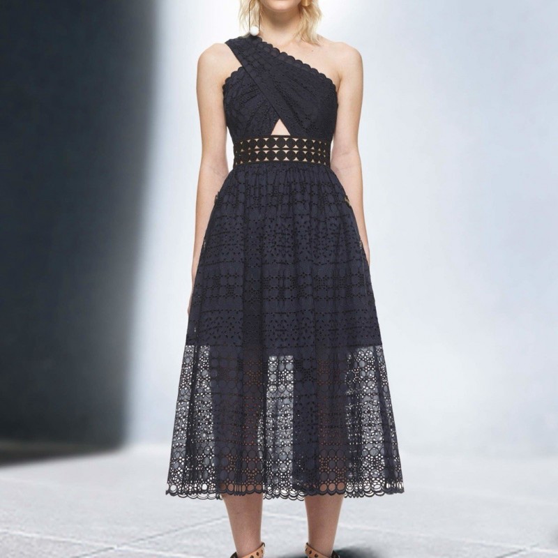 Asymmetrical Openwork Dress in Navy Blue 8