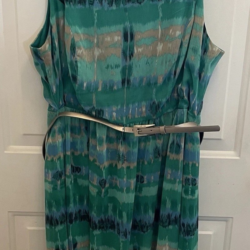 Green Watercolor Chiffon Fit Flare Dress Belt Womens 16W Career Party