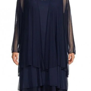 Dress Long Sleeve Embellished Crew Neck Mesh 2-Piece Jacket Dress 1X