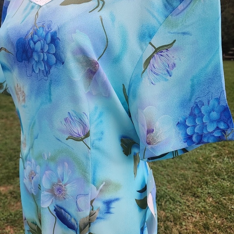 90s Womens Large Blue Floral Maxi Dress Belted NOS Cottage