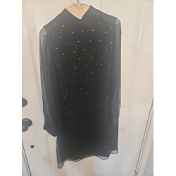 Black Sheer Rhinestone Dress Long Sleeve Overlay Shift Party Evening Women