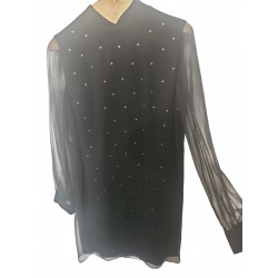 Black Sheer Rhinestone Dress Long Sleeve Overlay Shift Party Evening Women