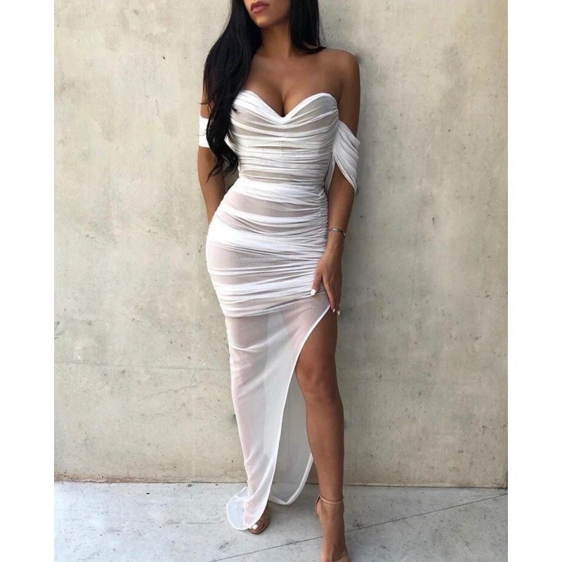 Dita Mesh Gown White Nude Off Shoulder Slit Dress Revolve Bridal Small