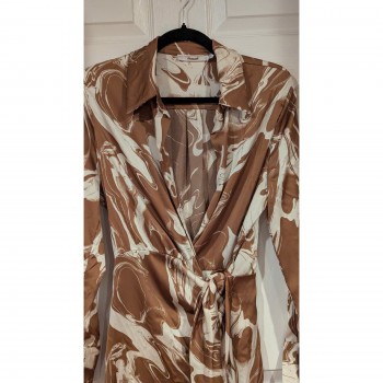 Inmod Marble Print Mini Dress Brown White Long Sleeve Wrap Shirt Dress M