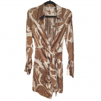 Inmod Marble Print Mini Dress Brown White Long Sleeve Wrap Shirt Dress M