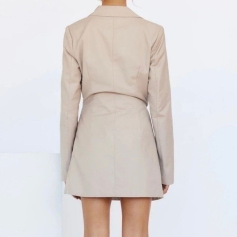 Women's Beige Deep Plunge Fitted Long Sleeve Mini Blazer Dress S