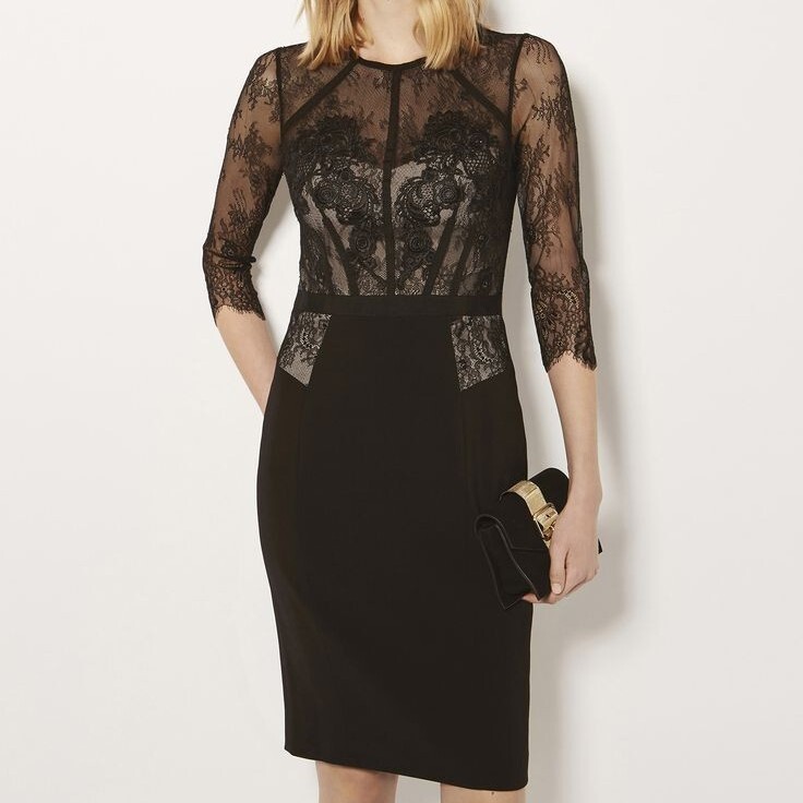 12 UK Black Floral Embroidered Lace Pencil Dress Wedding Guest