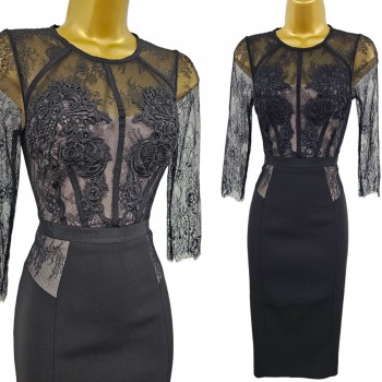12 UK Black Floral Embroidered Lace Pencil Dress Wedding Guest