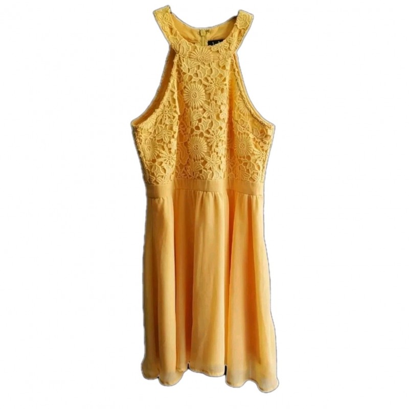 Lovers Game Womens Medium Skater Dress Yellow Floral Lace Halter Bodice