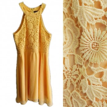 Lovers Game Womens Medium Skater Dress Yellow Floral Lace Halter Bodice