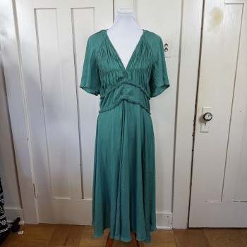 Dress L Large Dark Green Short Flutter Sleeve Midi Festive Party