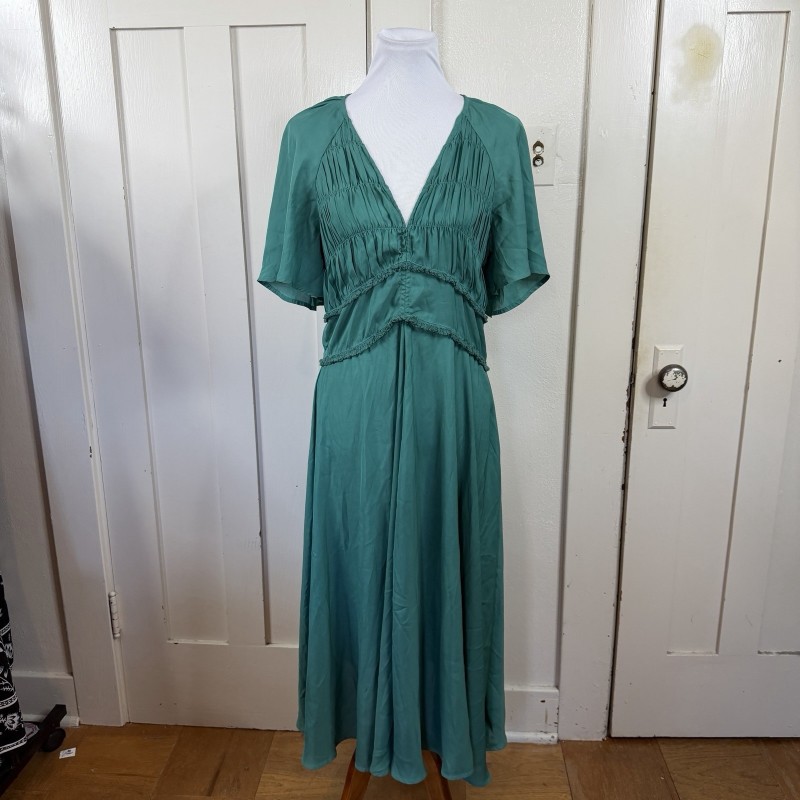 Dress L Large Dark Green Short Flutter Sleeve Midi Festive Party