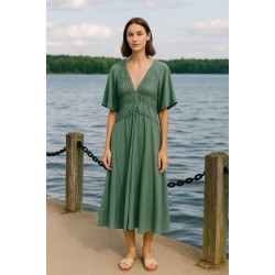 Dress L Large Dark Green Short Flutter Sleeve Midi Festive Party