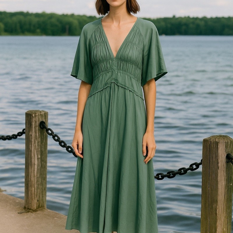 Dress L Large Dark Green Short Flutter Sleeve Midi Festive Party