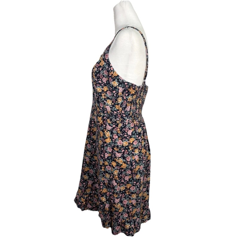 Linen Mini Dress Dark Floral Feminine Cottage Shirred Sundress