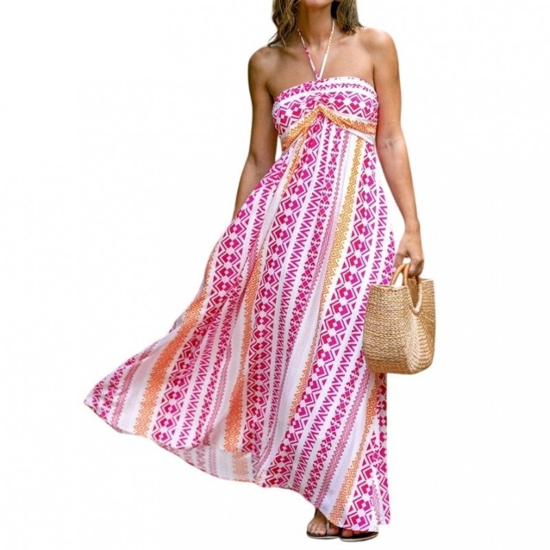 Geo Print Halterneck Maxi Dress, Pink / Orange / White, Women's
