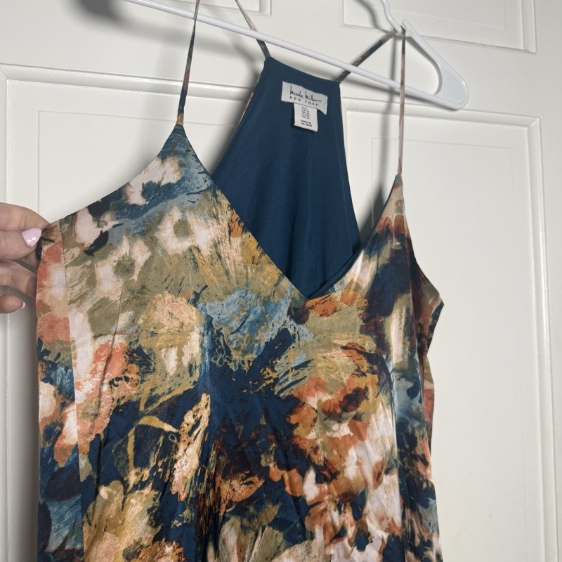 Floral Maxi Dress Blue Gold Multicolor Sleeveless Pockets