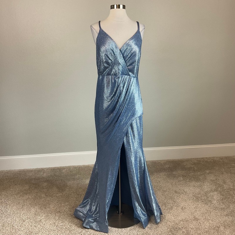 Nightway Women's Formal Dress Blue Metallic Sleeveless Thigh Slit Gown