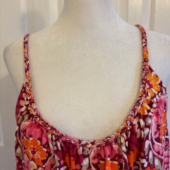 Pink/Orange Floral Braided Strap Tiered Mini Swing Dress
