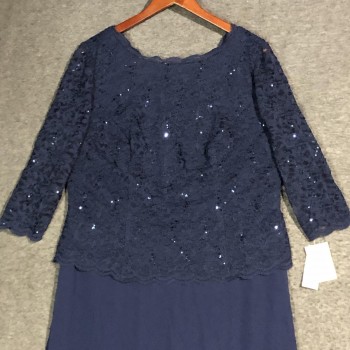 Dress Womens 14W Navy Sequin Lace Maxi Formal Evening Gown 3/4 SLV