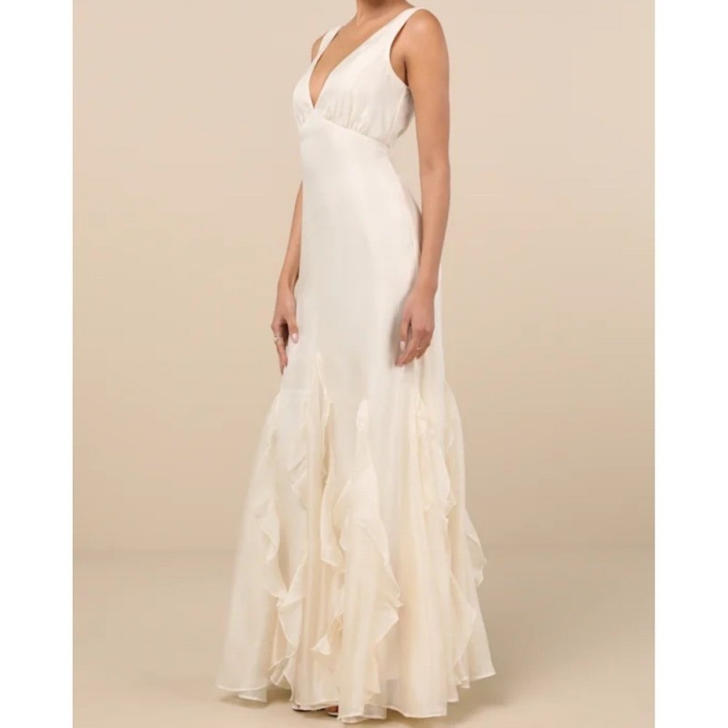 Deluca Ivory Ruffle Trumpet Gown Maxi Dress Formal Evening