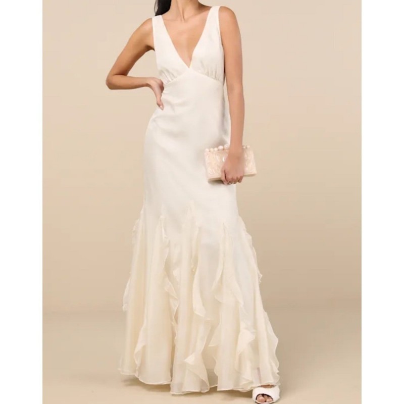 Deluca Ivory Ruffle Trumpet Gown Maxi Dress Formal Evening